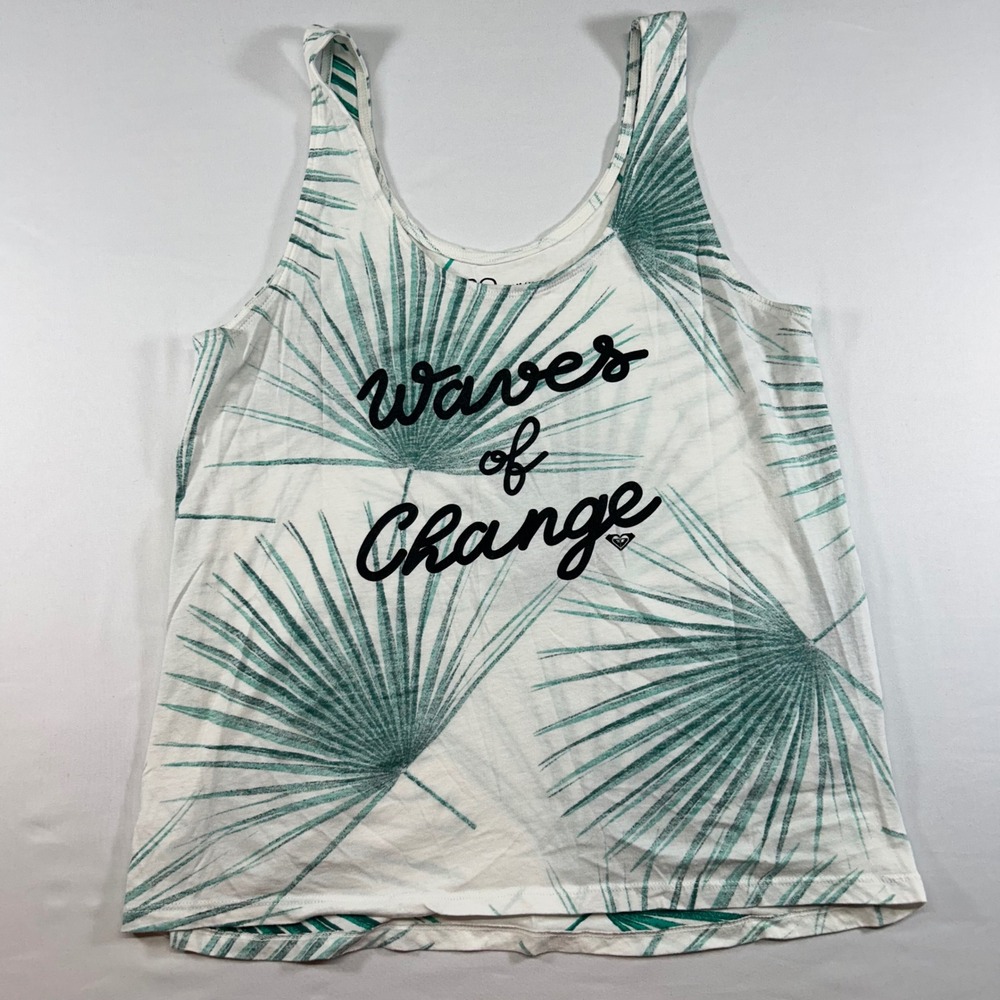 Roxy Womens Medium White Green Palm Leaf Graphic Tank Top Waves of Change